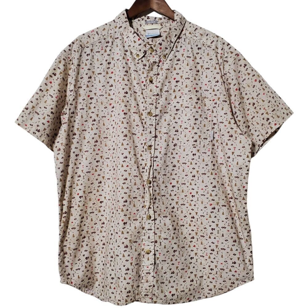 Columbia Camping Print Shirt XL Button Up Short Sleeve Outdoor Regular Fit Mens